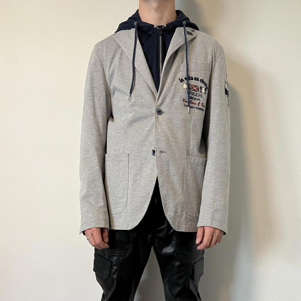 Desigual Grey and navy vintage 90s hooded blazer jacket